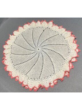 Handmade Crochet Doily White Round 16" w/ Pink Edged Ruffled Lace Vintage Style